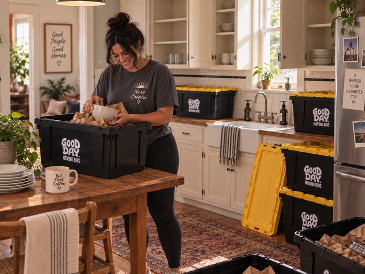 A person choosing the right reusable moving box package at the kitchen table