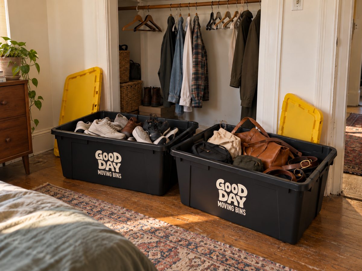 Two Good Day moving bins packed with shoes, bags and belts in front of a half-empty closet