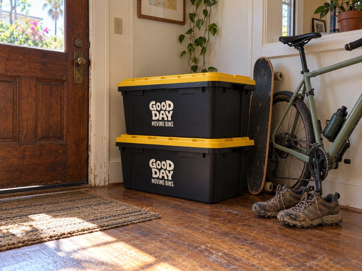 Two Good Day moving bins stacked by the front door of an older Golden Hill home, next to a bike and a skateboard