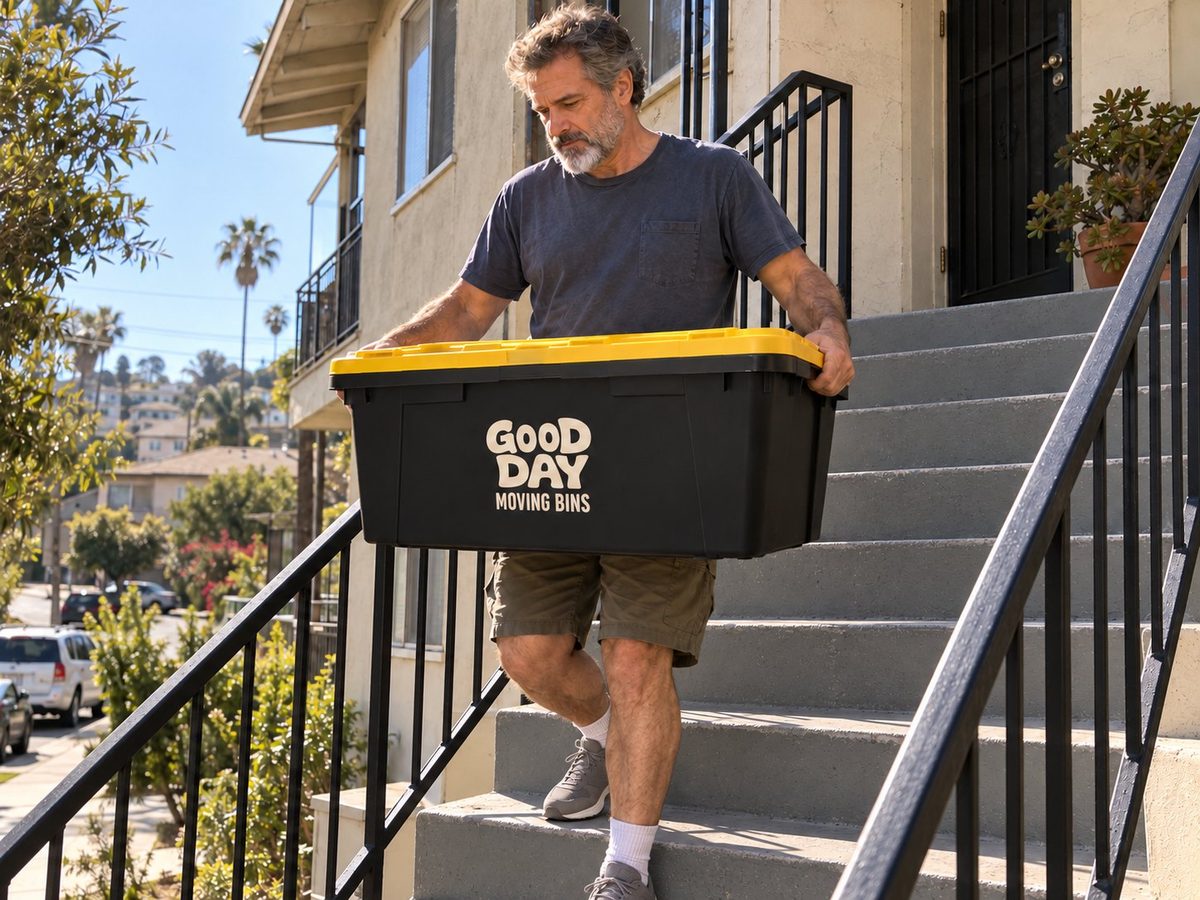 A man carrying a Good Day moving bin down the outside stairs of an older Golden Hill apartment building