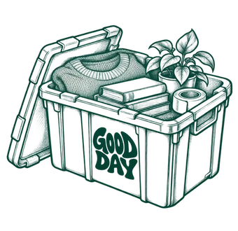 Sketch of an open Good Day moving bin packed with a sweater, books and a plant