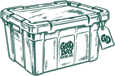 Sketch of a Good Day moving bin with a tag