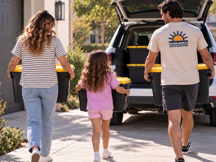 Good Day plastic moving boxes and a dolly delivered to a San Diego driveway