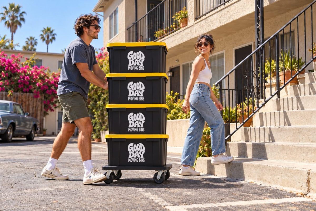 A couple rolling a stack of Good Day moving bins on a dolly toward their apartment stairs