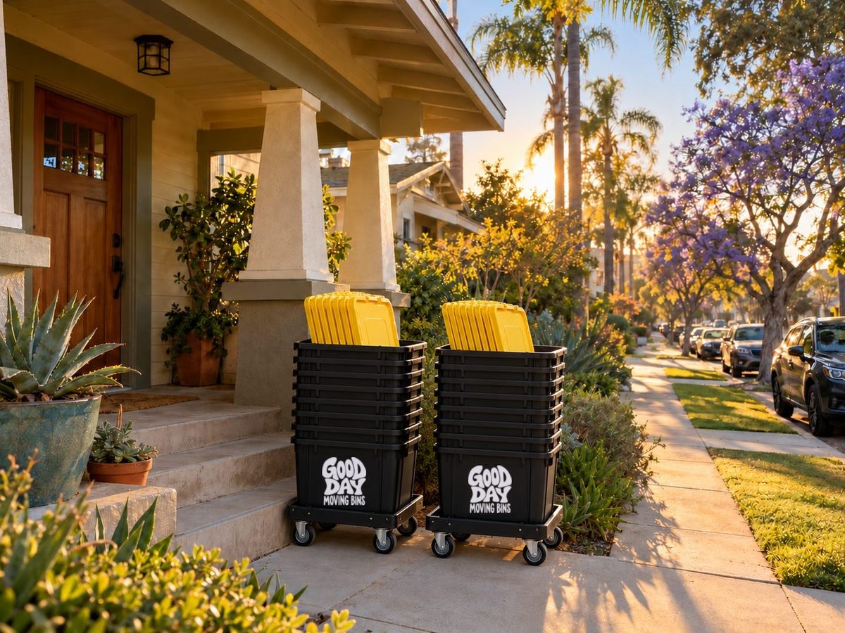 Good Day moving bins and dollies on the front porch of a North Park Craftsman bungalow