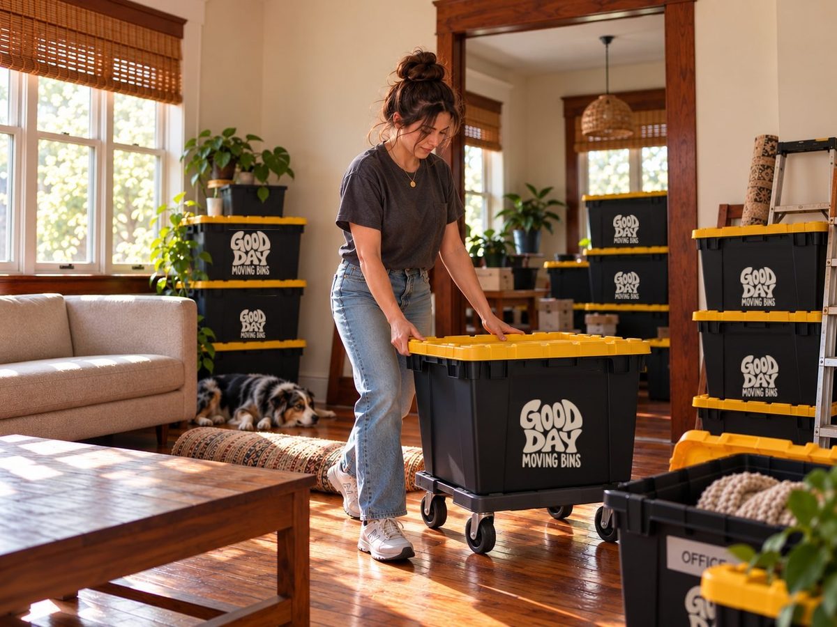 A woman rolling a Good Day moving bin on a dolly across original wood floors