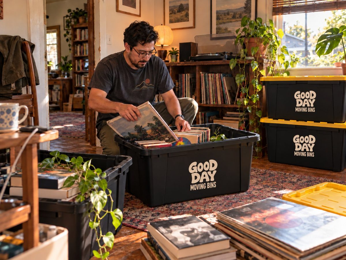 Good Day moving bins being packed with records in a South Park bungalow den