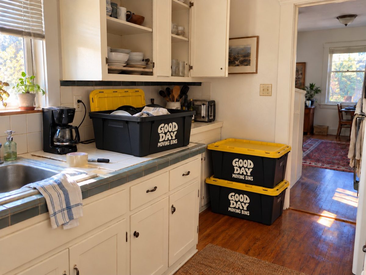 Good Day moving bins packed with dishes in an older bungalow kitchen