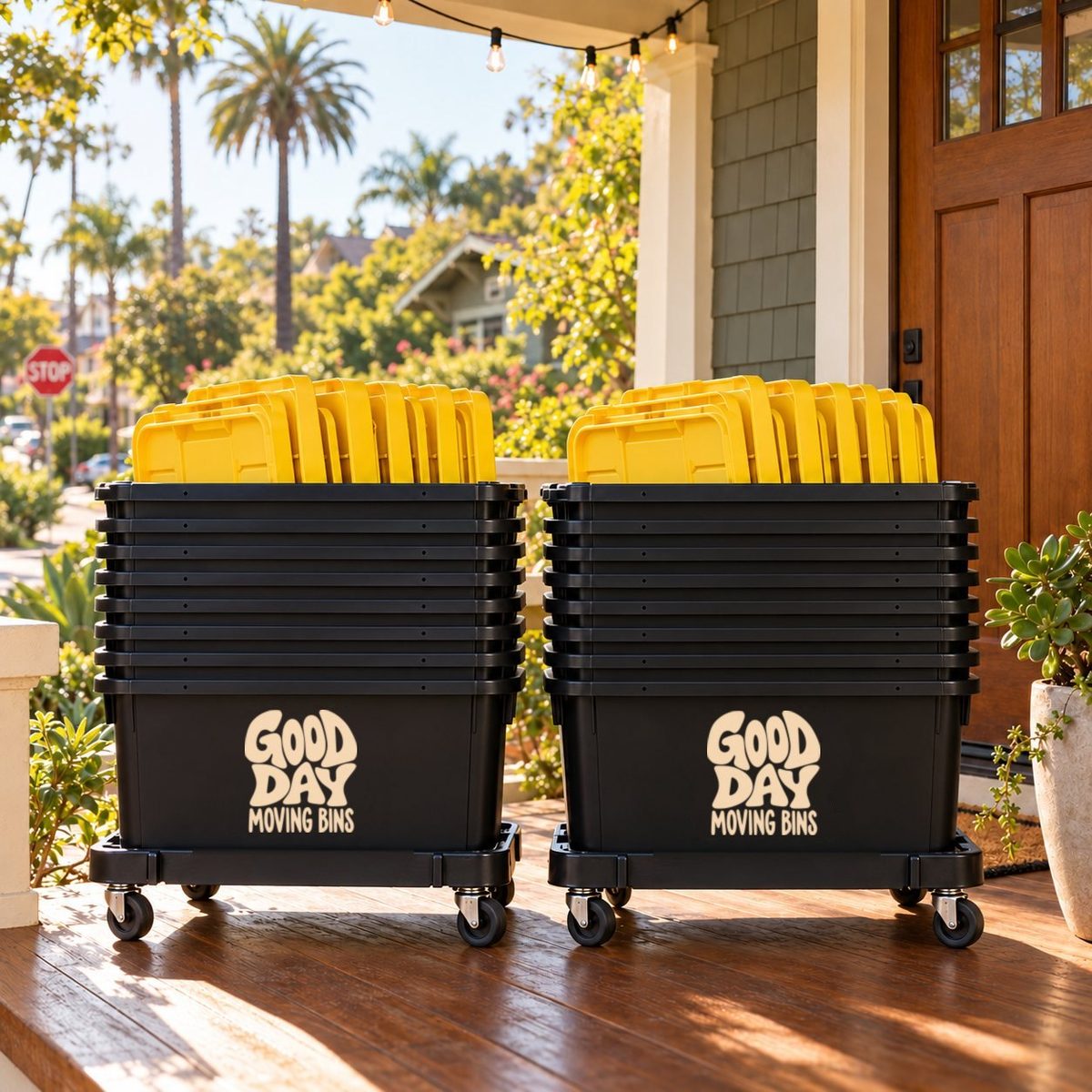 Two dollies of empty Good Day moving bins with yellow lids, delivered to a South Park bungalow porch