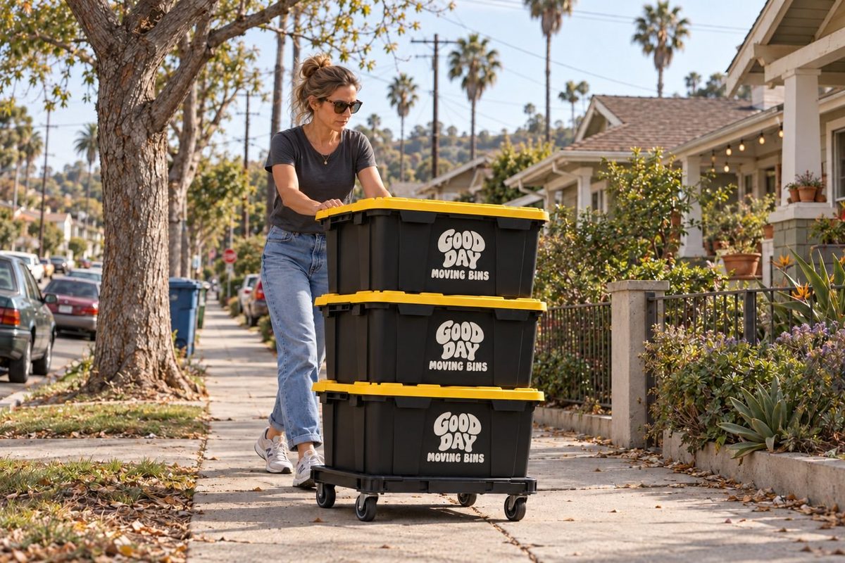 A woman rolling three Good Day moving bins on a dolly down a South Park sidewalk